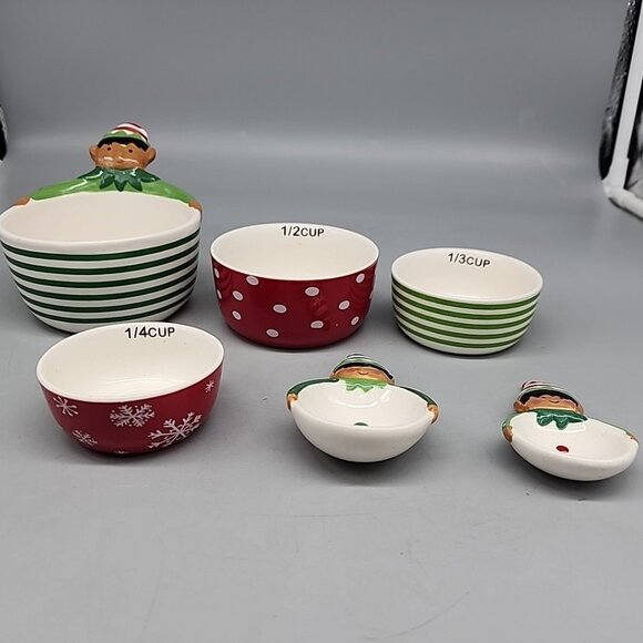 Christmas Elf Nesting Measuring Cups Spoons Set of 6  Stoneware Ceramic - Picture 4 of 5